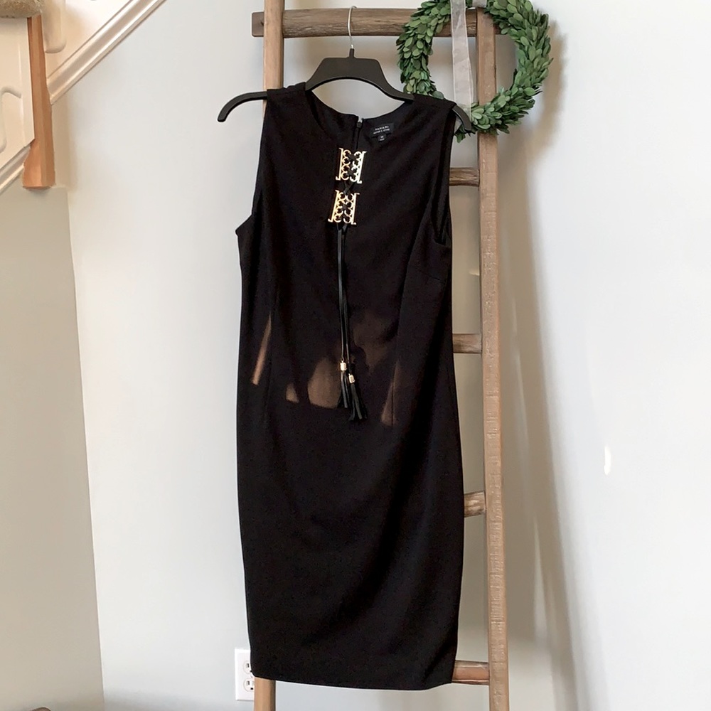 Tahari/Arthur Levine Beautiful  black dress w/ gold medal embellishment, tassel